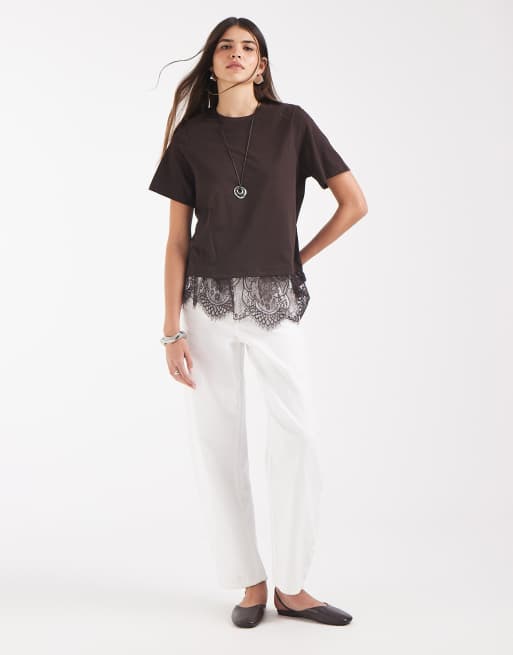 Vero Moda t-shirt with asymmetric lace detail in chocolate brown, 2 of 4