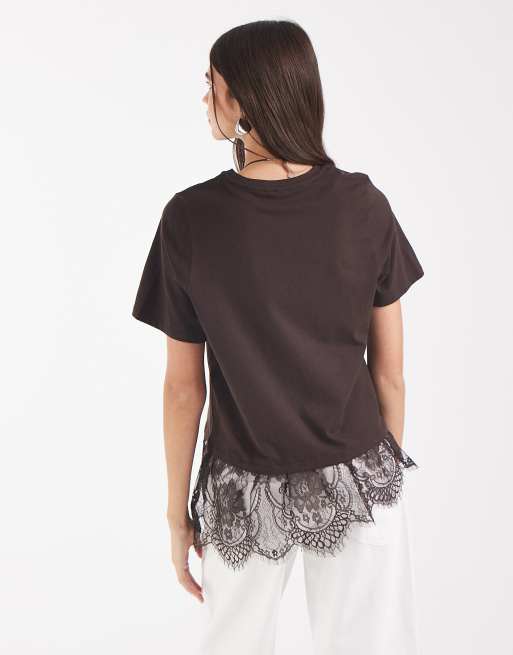 Vero Moda t-shirt with asymmetric lace detail in chocolate brown, 4 of 4