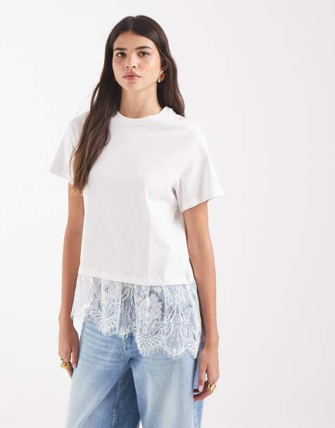 Vero Moda t-shirt with asymmetric lace detail in white - view 1