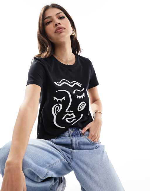 Vero Moda t shirt with embroidered face in black