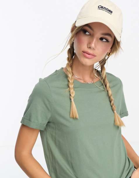Vero Moda t-shirt with fold up in khaki - view 1