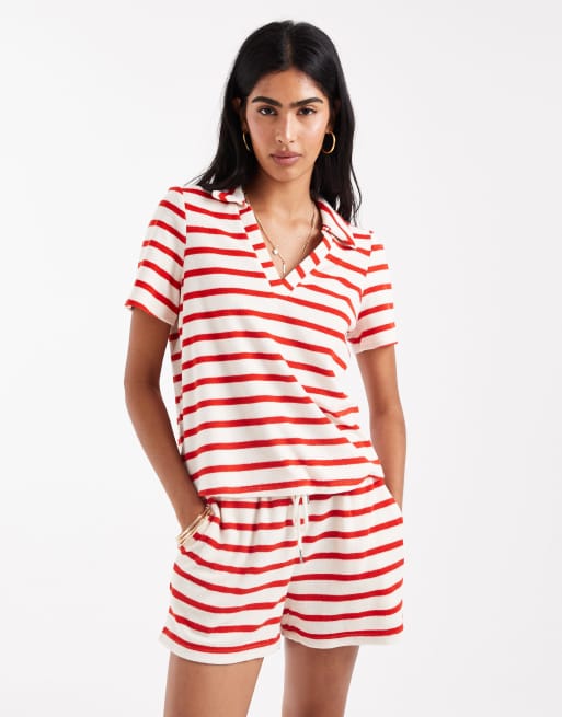 Vero Moda – T-shirt z kołnierzykiem polo z tkaniny frotté w czerwone paski, część zestawu