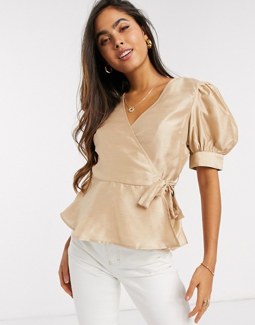 Vero Moda wrap blouse with puff sleeves in beige