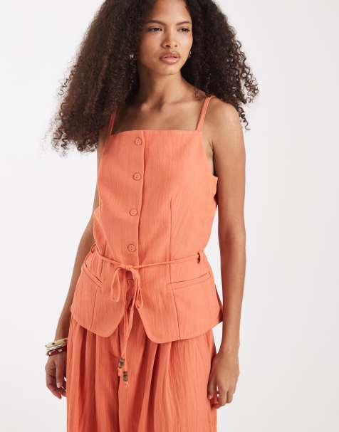 Vero Moda tailored cami strap tie waist waistcoat co-ord in orange - view 1