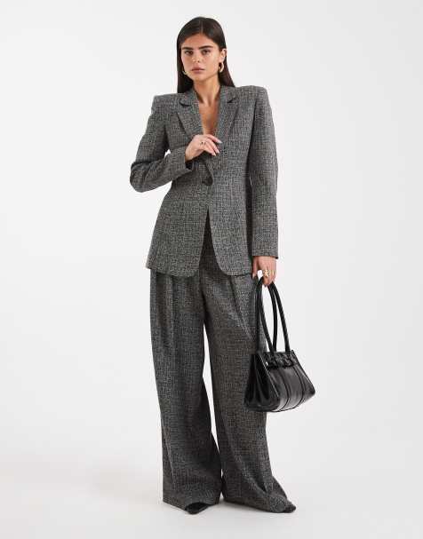 Vero Moda tailored cinched waist blazer and crease front wide leg trousers set in salt & pepper tweed - view 1