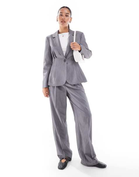 Vero Moda tailored cinched waist blazer and straight leg trouser set in mid grey - view 1