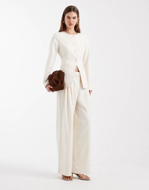 Vero Moda tailored collarless fitted blazer and pleat front wide leg trousers set in cream - view 1