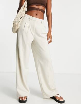 Vila linen touch button tab wide leg pants in beige