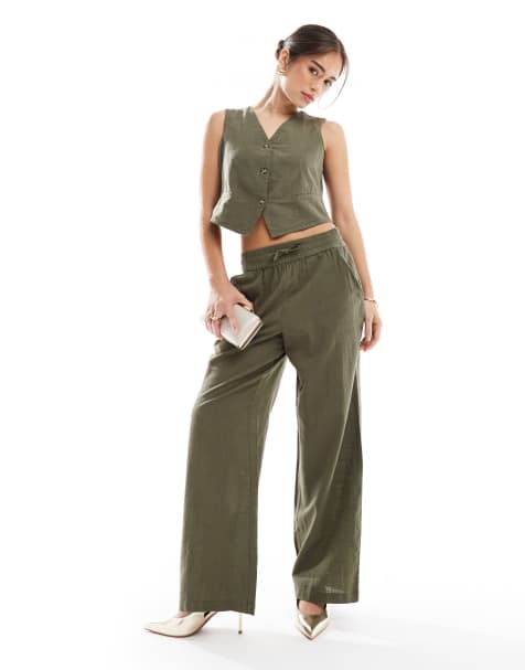 Vero Moda tailored drawstring waist wide leg pants in kalamata green - part of a set - view 1