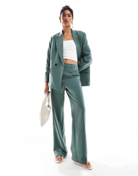 Vero Moda tailored herringbone wide leg pants in dark forest green - part of a set - view 1