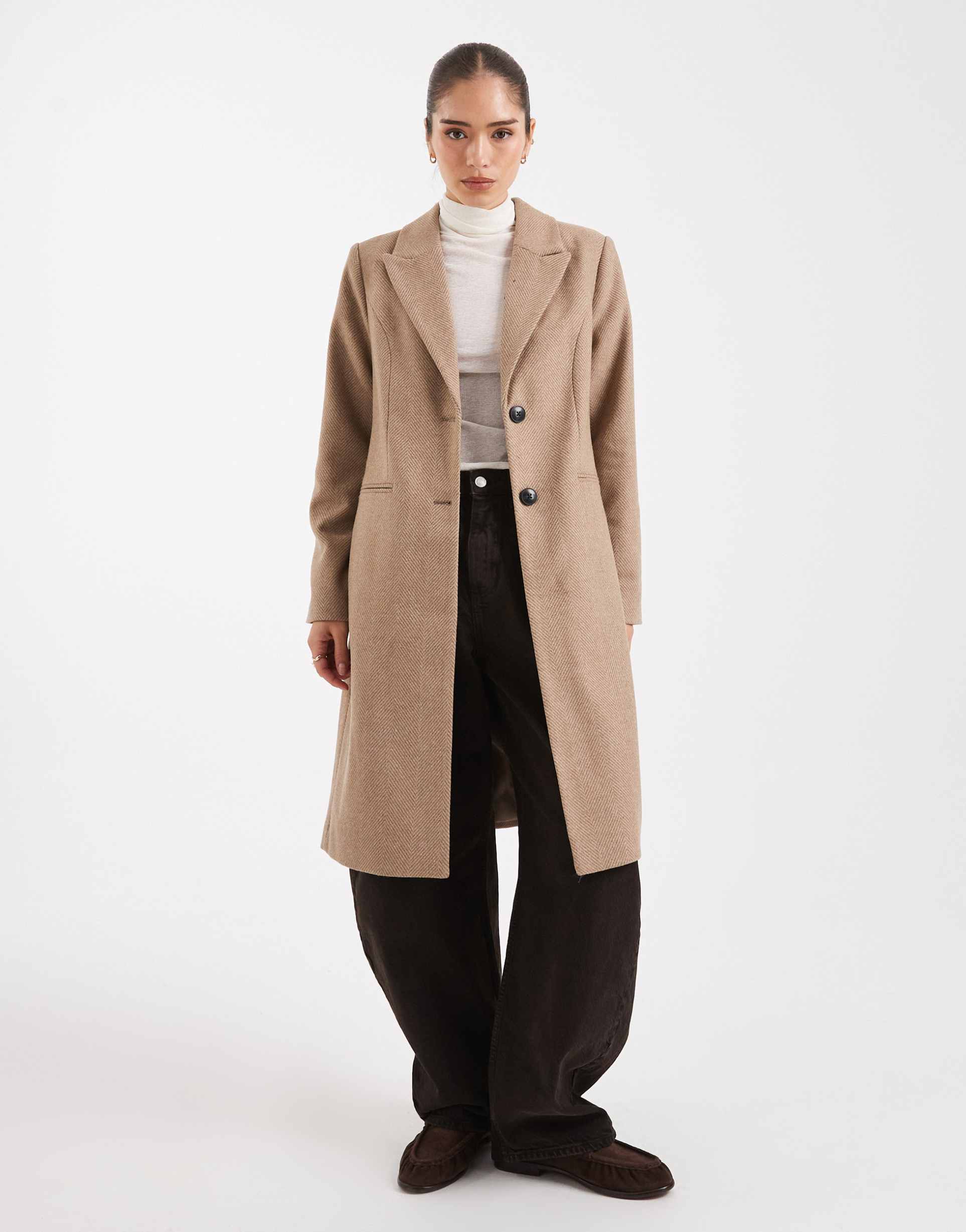 vero moda tailored herringbone wool mix coat in taupe brown
