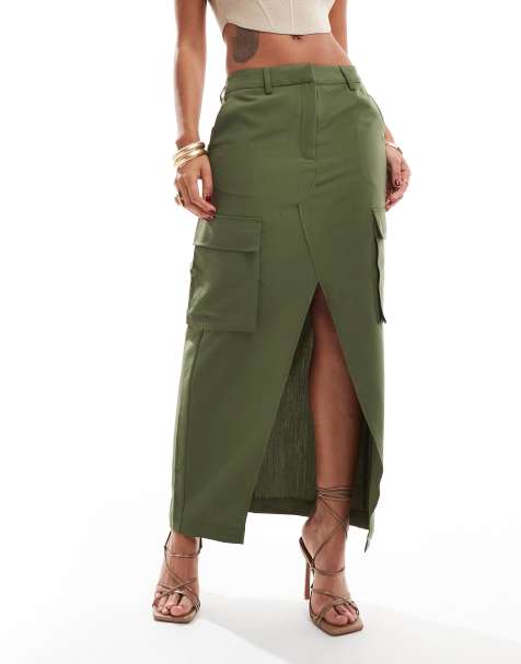 Vero Moda tailored midi skirt with pockets in khaki - view 1