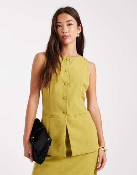 Vero Moda tailored o-neck waistcoat co-ord in chartreuse - view 1