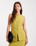 [Vero Moda] Vero Moda tailored o-neck waistcoat in chartreuse (part of a set)-Green L Avocado Oil