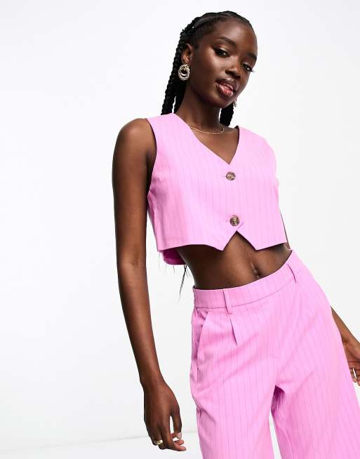 Vero Moda tailored pinstripe cropped waistcoat in pink (part of a set)