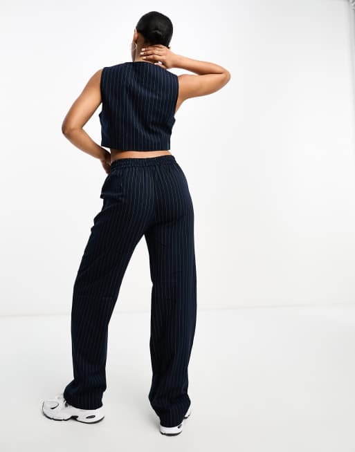 Vero Moda tailored pinstripe wide leg pants in navy (part of a set), 3 of 4