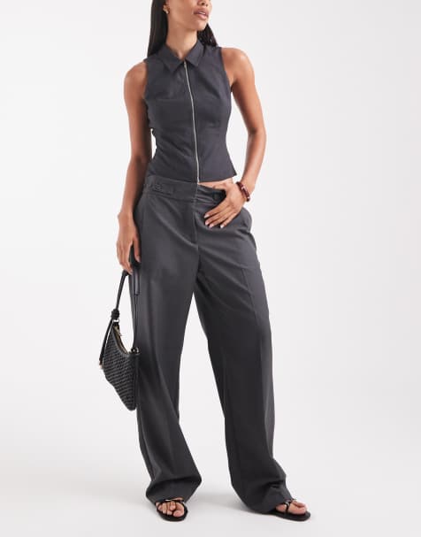 Vero Moda tailored pleat front wide leg pants with adjustable button waist in dark grey - view 1