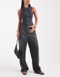 [Vero Moda] Vero Moda tailored pleat front wide leg pants with adjustable button waist in dark grey 42 Dark Grey Melange