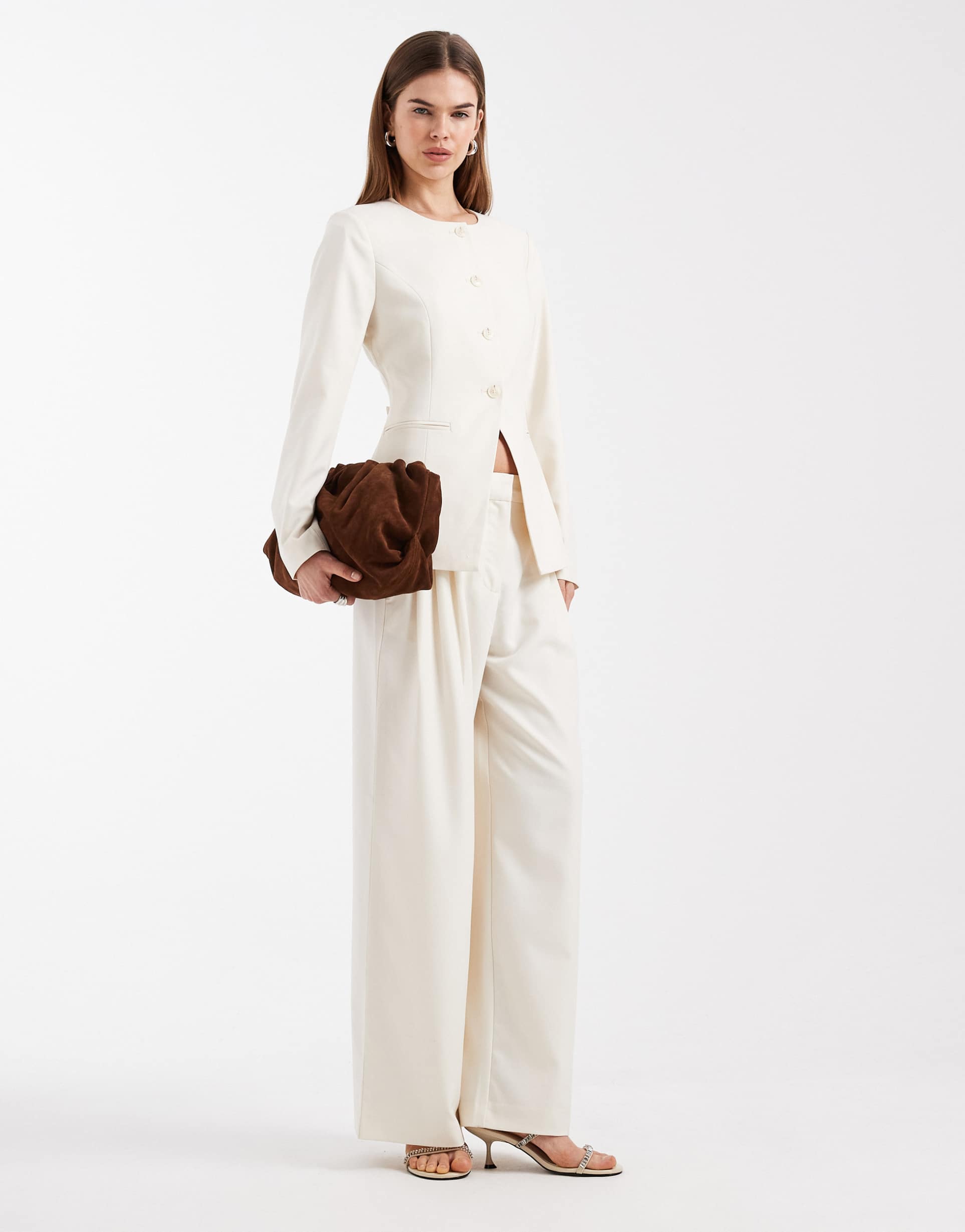 vero moda tailored pleated front wide leg pants in cream - part of a set