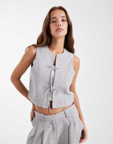 Vero Moda tailored tie front waistcoat co-ord in grey melange - view 1