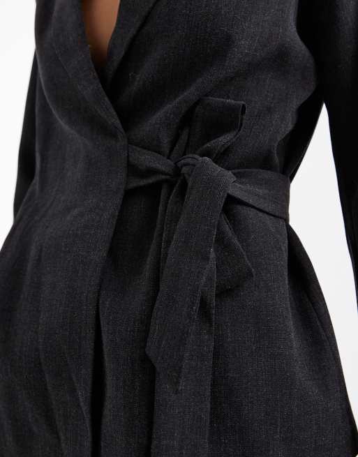 Vero Moda tailored tie side blazer co-ord in dark grey melange, 3 of 4