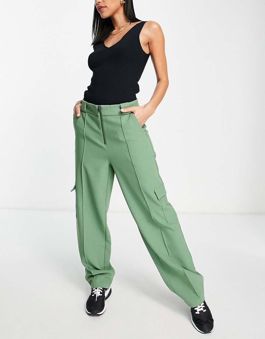 vero moda tailored utility trousers with zip front in green