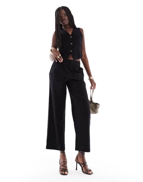 Vero Moda tailored waistcoat and drawstring waist wide leg trousers set in black - view 1