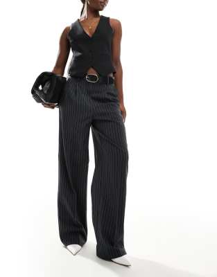 tailored wide leg dad pants in phantom gray pinstripe