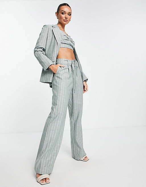 Vero Moda tailored wide leg suit pants with tie waist in grey stripe