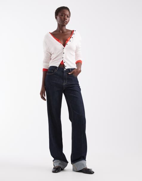 Vero Moda Tall Allison jeans met halfhoge taille, rechte pijp, naaddetail en omgeslagen zoom in donkerblauwe denim - view 1