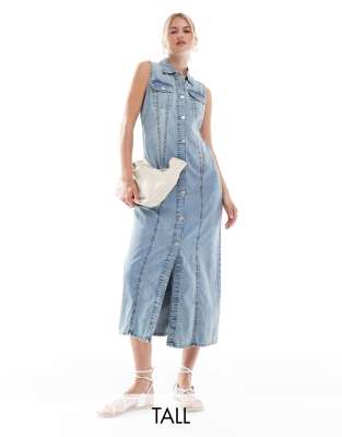 Vero Moda Tall - Ärmelloses Maxikleid in Vintage-Jeansblau mit Knopfleiste