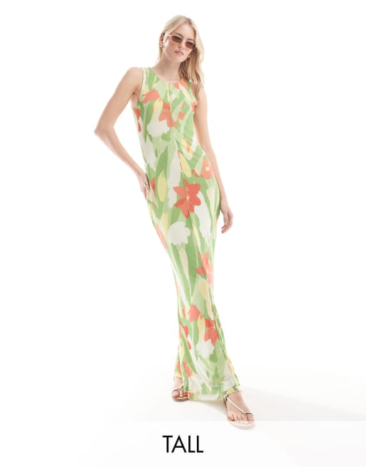 Vero Moda Tall – Ärmelloses Netzstoff-Kleid mit grünem Blumenmuster und Kräuselsaum