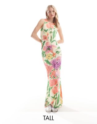 Vero Moda Tall - Ärmelloses Netzstoff-Kleid mit Kräuselsaum und sommerlichem Blumenmuster-Gelb