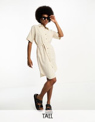 belted linen T-shirt mini dress in stone-Neutral