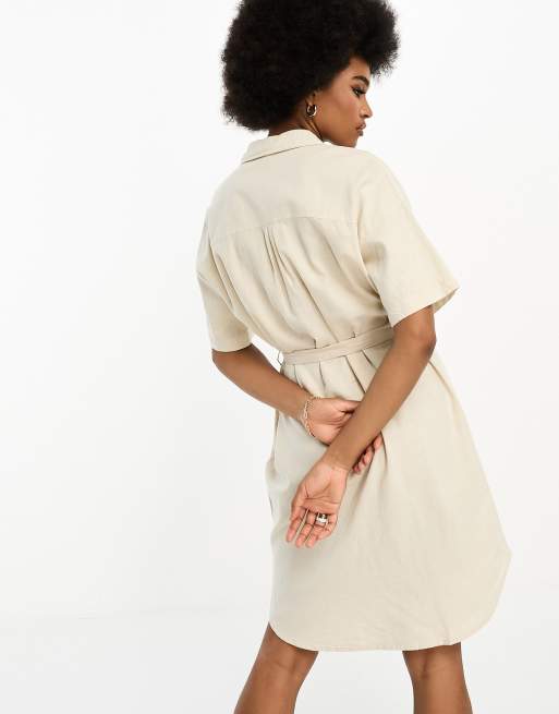 Vero Moda Tall belted linen t-shirt mini dress in stone, 2 of 4