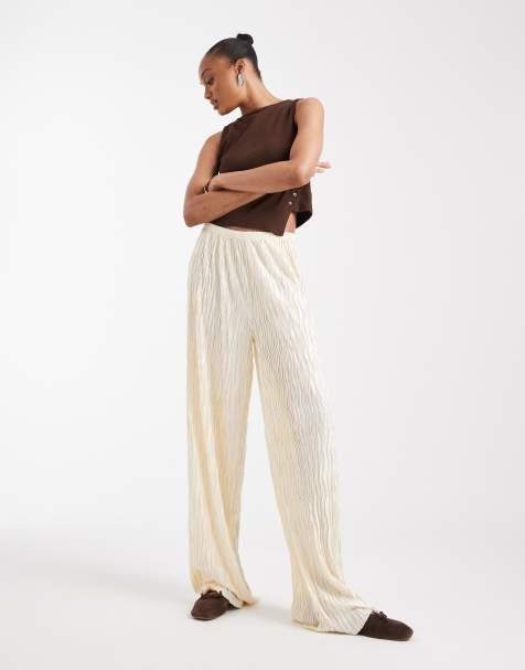 Vero Moda Tall textured plisse wide leg trouser in birch cream