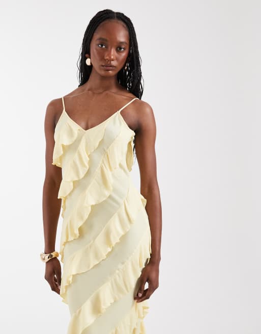 Vero Moda Tall bias cut ruffle cami maxi dress in pale yellow, 2 of 4