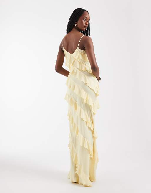 Vero Moda Tall bias cut ruffle cami maxi dress in pale yellow, 4 of 4