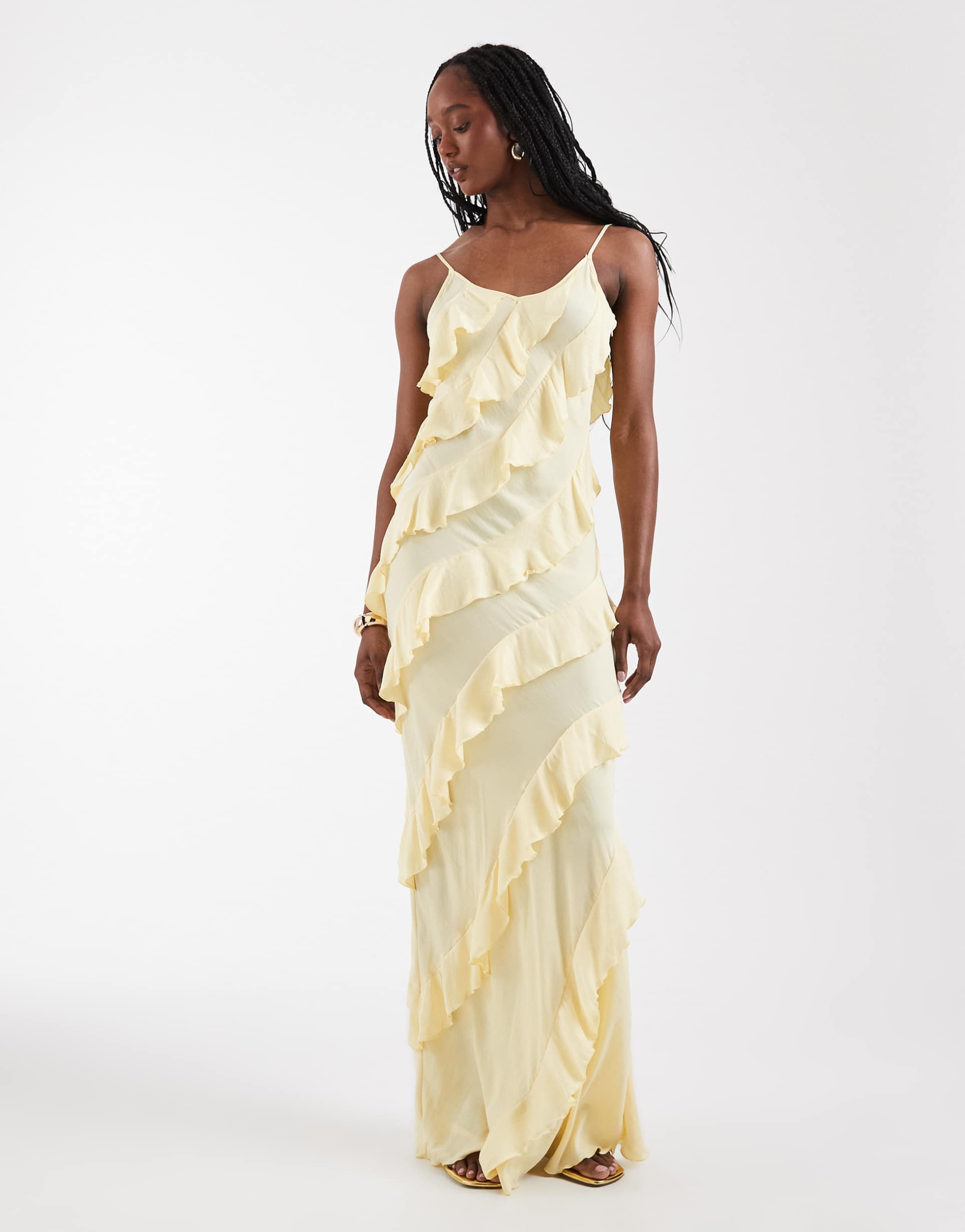 vero moda tall bias cut ruffled cami maxi dress in pale yellow