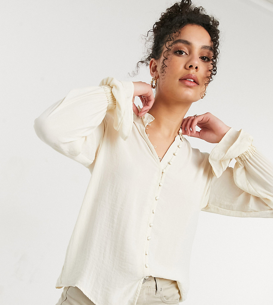 Vero Moda Tall blouse with frill neck and sleeves in cream-White