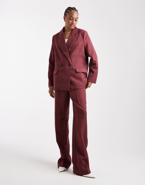 Vero Moda Tall - Bordeaux sæt med skræddersyet blazer og bukser med vide ben og sildebensmønster - view 1
