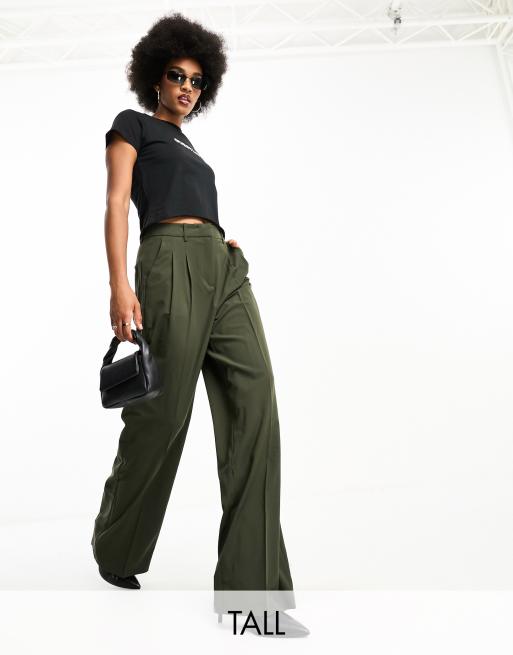 Vero Moda Tall - Broek met wijde pijpen en geplooide voorkant in kaki