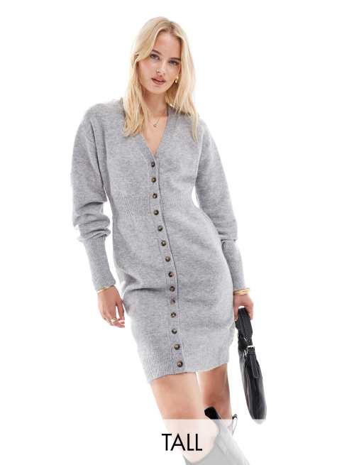 Vero Moda Tall button down knitted mini dress in light grey melange