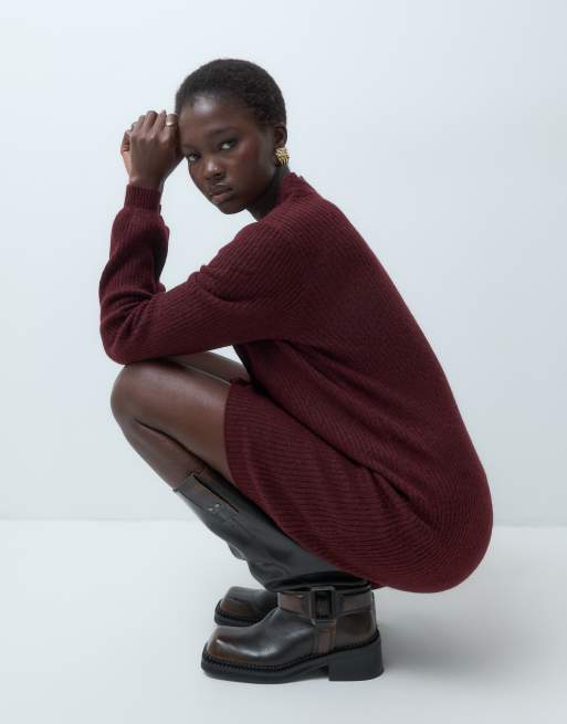 Vero Moda Tall button front balloon sleeve knitted mini dress in burgundy melange, 3 of 5