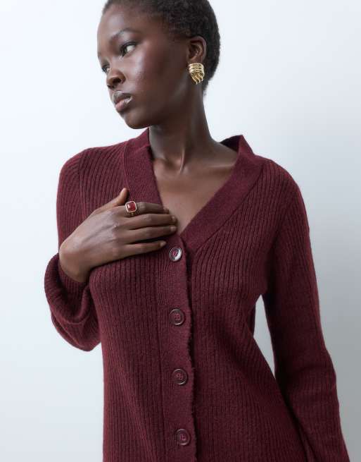 Vero Moda Tall button front balloon sleeve knitted mini dress in burgundy melange, 5 of 5