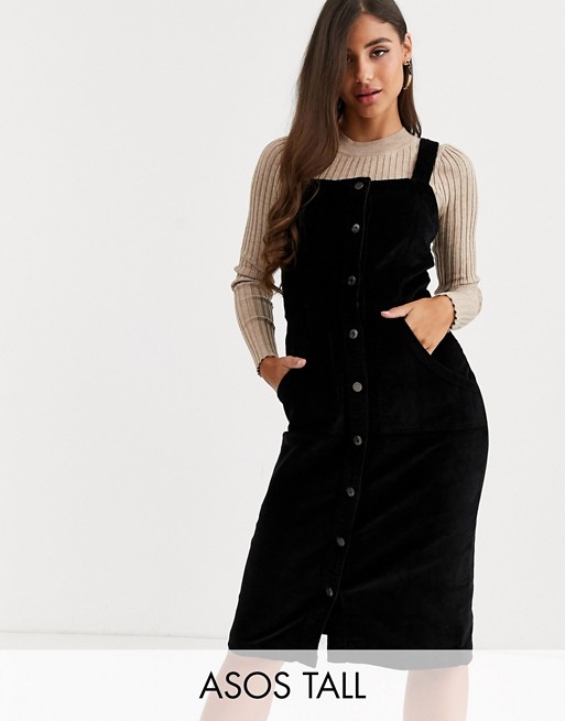 Vero Moda Tall button front cord pinny dress in black