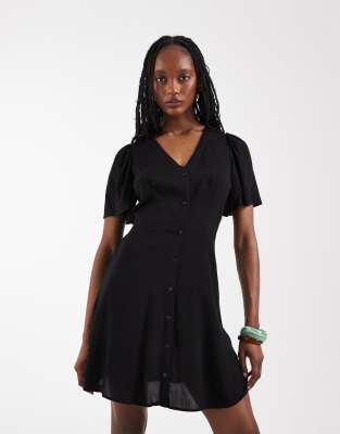 Vero Moda Tall Button Up Mini Skater Dress In Black