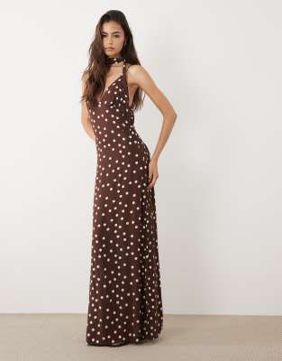 Vero Moda Tall Cami Maxi Dress With Scarf Neck Detail In Brown