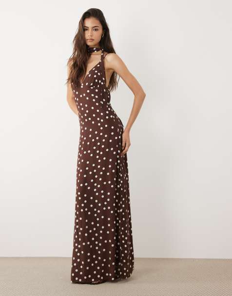 Vero Moda Tall cami maxi dress with scarf neck detail in chocolate polka dot print - view 1