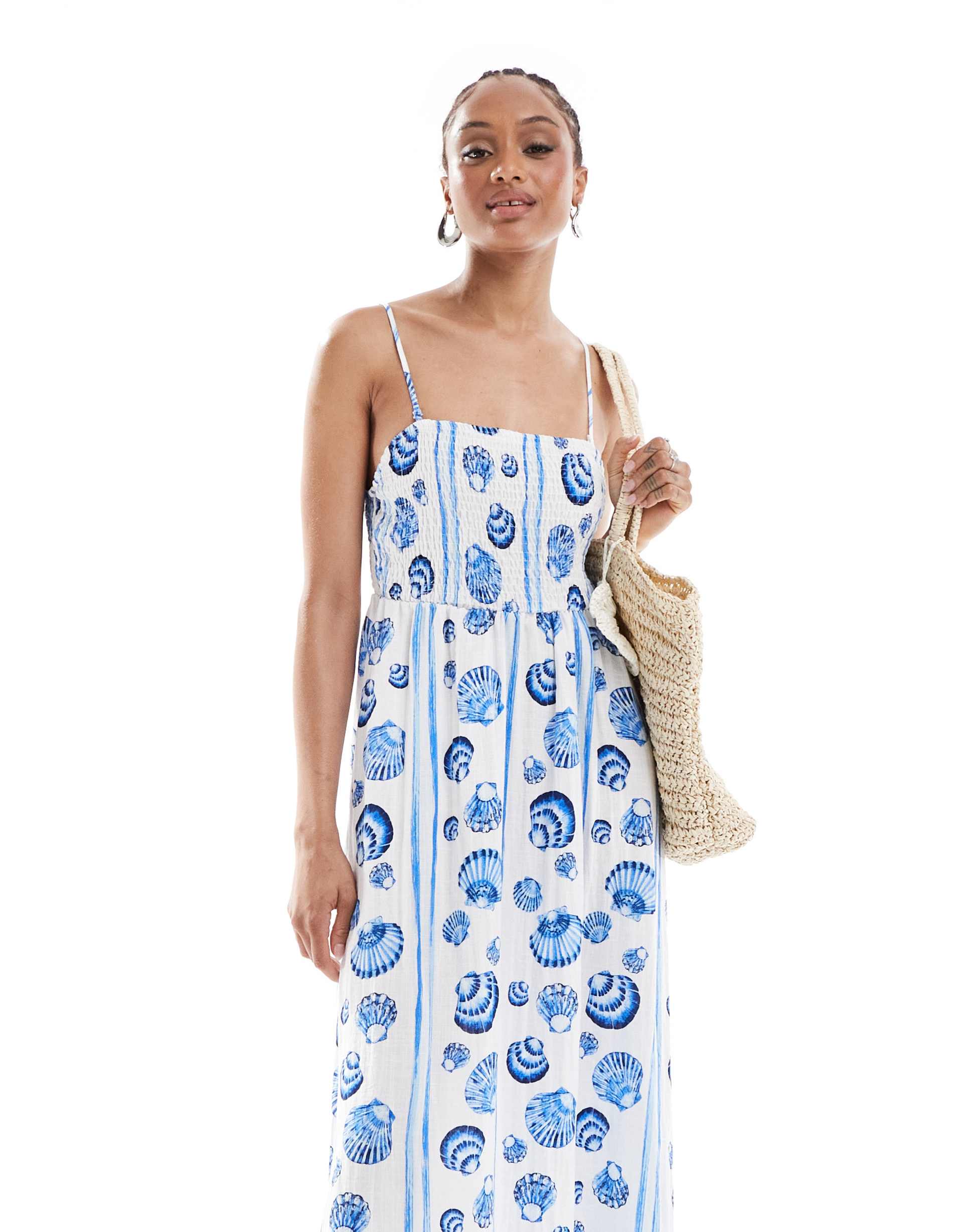 vero moda tall cami midi dress in blue seashell print